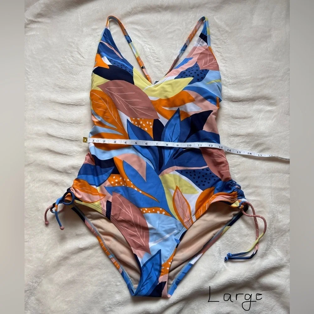 Kona Sol Tropical Floral Print One-Piece Swimsuit Orange Blue